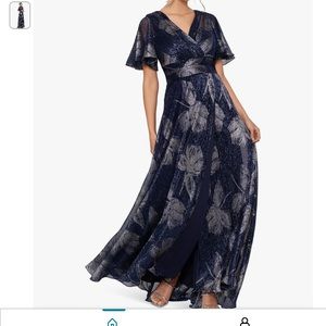 Betsy & Adam, Gun Metal Foil Print, Flutter Sleeve, Long Gown Size 12